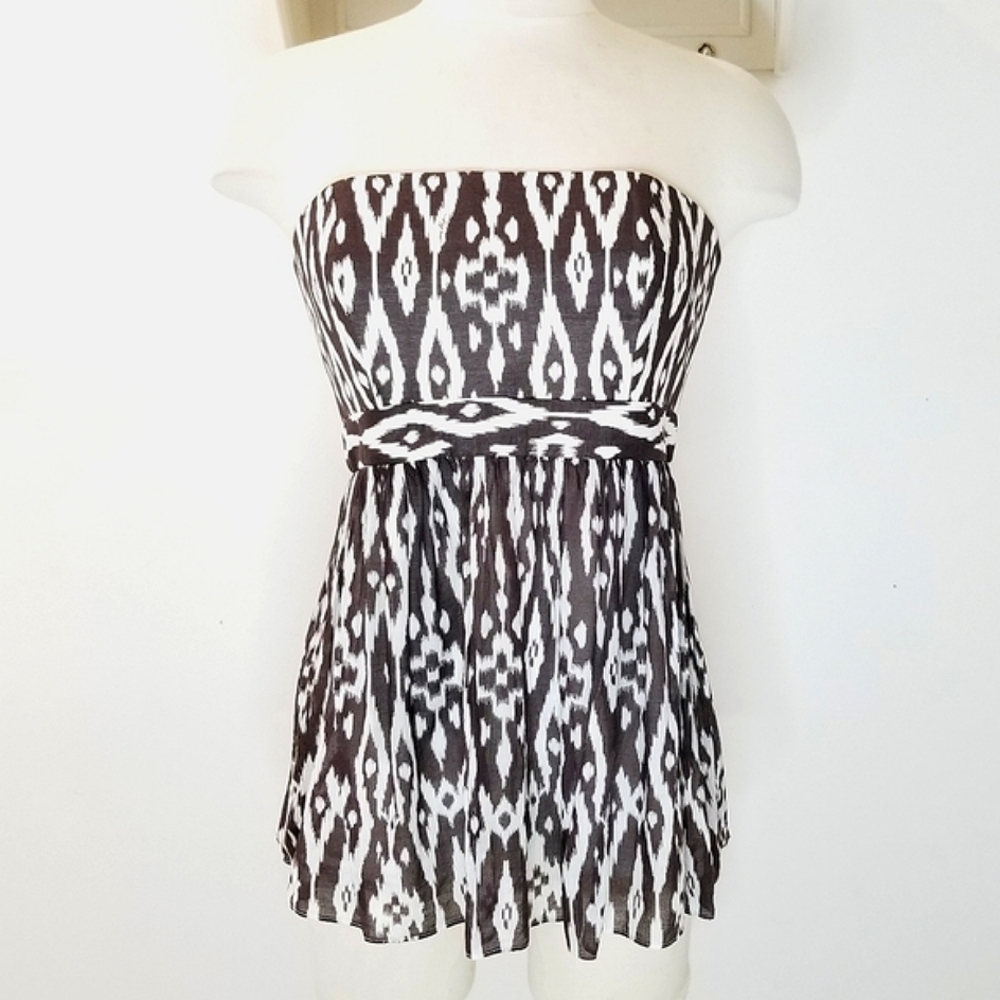 MILLY NY Vintage Brown and White IKAT Print Strapless Cotton Top sz 6 - Picture 4 of 16